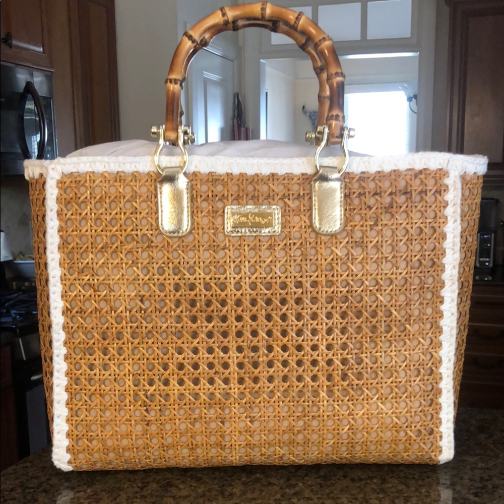Lily Pulitzer Brown Woven Handbag with Bamboo Handles